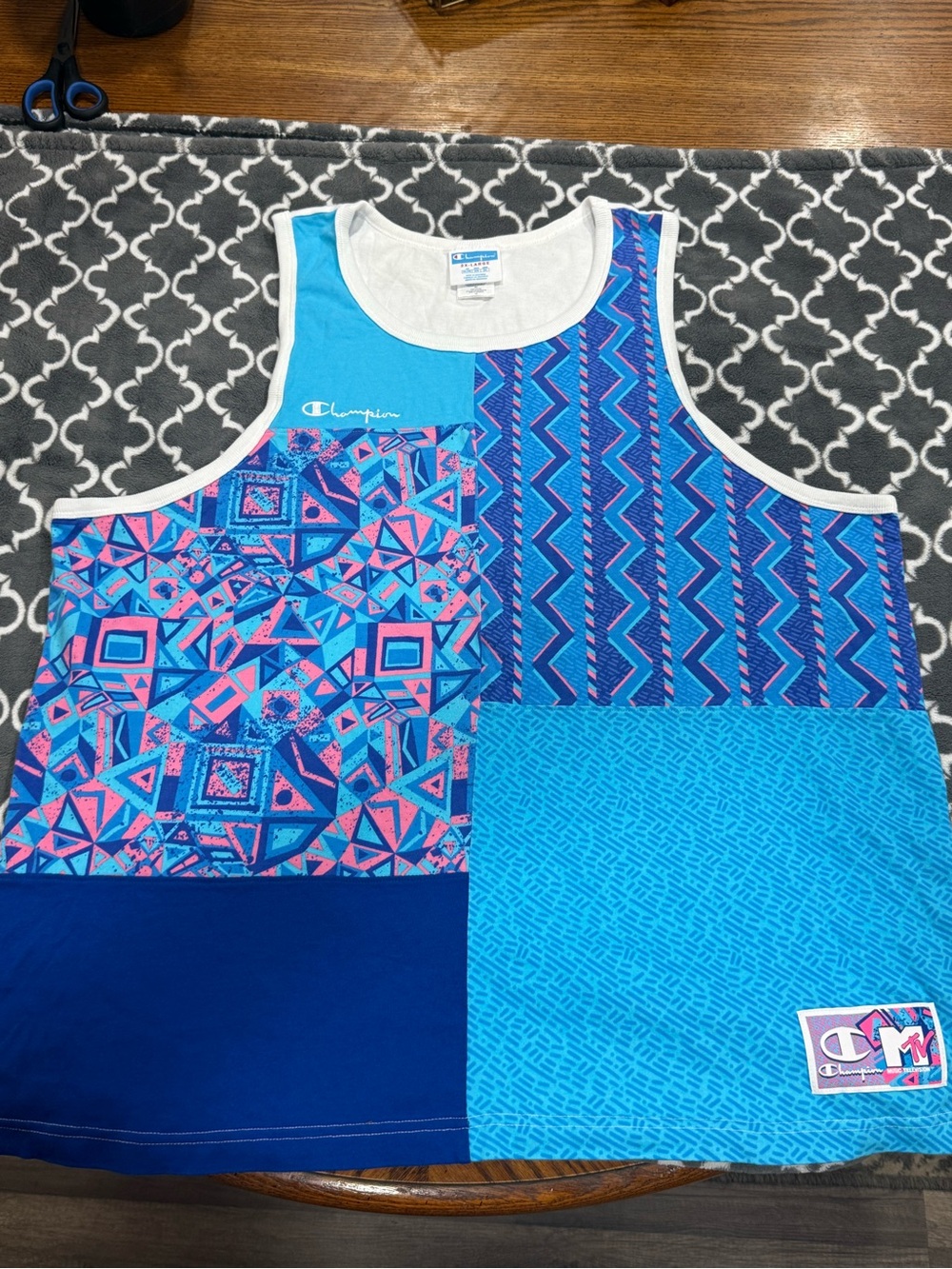 Champion Men’s Blue & Pink Geo Patchwork Swim Tank